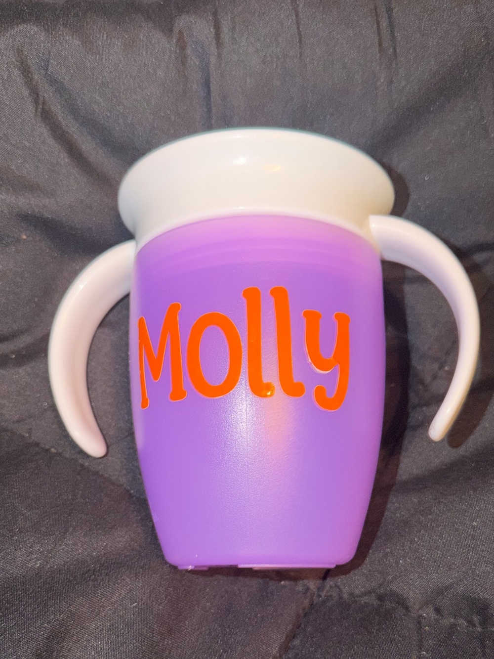 Personalized Molly Munchkin 360 cup- Purple with Orange Name